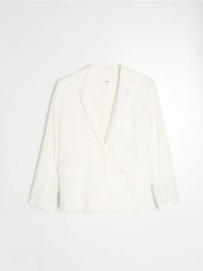 Żakiet z kieszeniami z domieszką wiskozy i lnu - biały. Białe marynarki i żakiety damskie Sinsay, l, bez wzorów, z wiskozy. Za 79.99 zł.