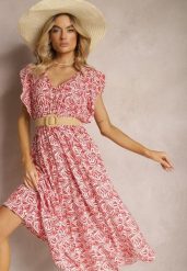 Czerwona Bawełniana Sukienka na Lato z Elastyczną Gumką w Pasie i Falbankami Przy Ramionach Jovenia. Czerwone sukienki damskie Renee, bez wzorów, z bawełny, bez ramiączek. W wyprzedaży za 43.99 zł.