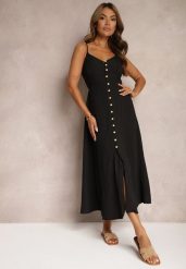 Czarna Taliowana Sukienka na Guziki na Ramiączkach z Regulacją Quafea. Czarne sukienki damskie Renee, bez wzorów, eleganckie, bez ramiączek. W wyprzedaży za 83.99 zł.