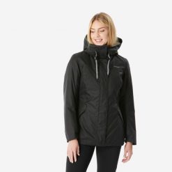 Kurtka turystyczna damska Quechua NH500 wodoodporna -10°C. Czarne kurtki damskie QUECHUA, na zimę, m, bez wzorów, z polaru, bez kaptura. Za 199.99 zł.