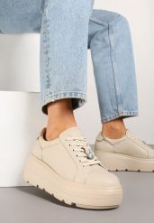 Beżowe Sneakersy Skórzane na Platformie z Metaliczną Ozdobą Rivzekia. Brązowe obuwie sportowe damskie Renee, z jeansu, bez zapięcia. Za 229.99 zł.