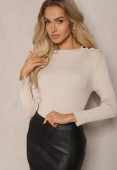 Jasnobeżowy Sweter z Wiskozą z Prążkowanego Materiału Ozdobiony Napami Beroma. Brązowe swetry klasyczne damskie Renee, m, z jeansu, bez kołnierzyka. Za 99.99 zł.