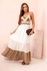 Sukienka damska boho maxi na ramiączkach z ażurową górą beżowy + camelowy. Brązowe sukienki damskie Kesi Włoski, w ażurowe wzory, z bawełny, boho, bez ramiączek. Za 217.48 zł.