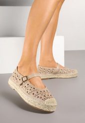 Beżowe Płaskie Espadryle z Plecionką i Ażurową Cholewką Aralithra. Brązowe espadryle damskie Renee, w ażurowe wzory, bez obcasa, na płaskiej podeszwie. Za 89.99 zł.