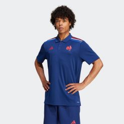 Koszulka polo do rugby ADIDAS FFR Francja dla kibiców. Koszulki damskie Adidas, xl, bez wzorów, bez kołnierzyka, bez ramiączek. Za 289.99 zł.