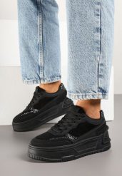 Czarne Sneakersy na Tłoczonej Platformie Ozdobione Wzorem w Panterkę Deoranae. Czarne obuwie sportowe damskie Renee, na jesień, z jeansu, bez zapięcia. Za 79.99 zł.