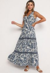 Niebiesko-Biała Sukienka wana Bawełniana Sukienka w Kwiaty z Wiązaniem na Szyi i Gumką w Talii Rivasna. Niebieskie sukienki damskie Born2be, bez wzorów, z bawełny, bez ramiączek. Za 99.99 zł.