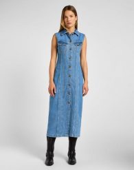 LEE DAMSKA SUKIENKA JENSOWA LONG SLIM DRESS FEELING FINE 112355119 LI68016317. Sukienki damskie Lee, bez wzorów, bez ramiączek. Za 269.99 zł.