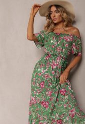 Zielono-Różowa Bawełniana Sukienka Hiszpanka Wiązana w Talii w Kwiatowy Wzór Risarrae. Zielone sukienki damskie Renee, bez wzorów, z bawełny, eleganckie, bez ramiączek. Za 69.99 zł.
