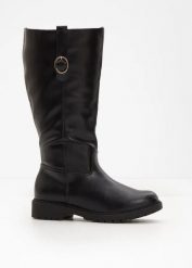 Kozaki z szeroką cholewką. Czarne kozaki damskie bonprix, bez obcasa, bez zapięcia. Za 149.99 zł.