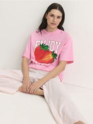 Piżamowe spodnie - pastelowy róż. Czerwone piżamy damskie Reserved, bez wzorów, z bawełny, bez ramiączek. Za 59.99 zł.