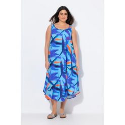 Damskie Sukienka midi kwiaty krój trapezowy okrągły dekolt bez rękawów. Niebieskie sukienki damskie Ulla Popken, bez wzorów, z materiału, sportowe, bez ramiączek. Za 279.99 zł.