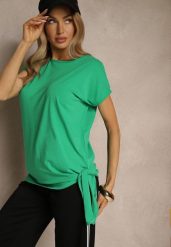 Zielony T-shirt z Bawełny z Ozdobnym Wiązaniem Termio. Zielone t-shirty damskie Renee, m, bez wzorów, z bawełny, bez kołnierzyka. Za 29.99 zł.