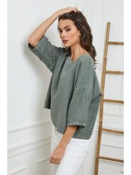 Fleur de Lin Lniana bluzka "Georginia" w kolorze khaki rozmiar: XL. Brązowe bluzki damskie Fleur de Lin, xl, bez wzorów, ze lnu, bez kołnierzyka, bez ramiączek. Za 105.38 zł.
