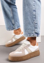 Beżowo-Białe Sneakersy na Niskiej Platformie z Materiałowymi Wstawkami Xeonbia. Brązowe obuwie sportowe damskie Born2be, z materiału, bez zapięcia. Za 49.99 zł.