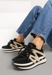 Czarno-Beżowe Sneakersy na Platformie z Geometrycznym Wzorem i Sznurowaniem Fiorinnia. Czarne obuwie sportowe damskie Renee, z materiału, bez zapięcia. Za 99.99 zł.