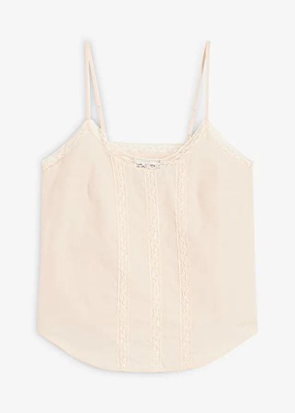 Bluzka z ażurowej dzianiny. Brązowe bluzki damskie bonprix, w ażurowe wzory, z dzianiny, bez kołnierzyka, bez ramiączek. Za 54.99 zł.