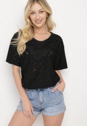 Czarny Klasyczny Ażurowy T-shirt z Krótkim Rękawem Ninnia. Czarne t-shirty damskie Born2be, xl, w ażurowe wzory, z jeansu, bez kołnierzyka. Za 34.99 zł.