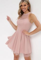 Różowa Rozkloszowana Sukienka Mini z Siateczką Philippina. Czerwone sukienki damskie Born2be, bez wzorów, z tiulu, bez ramiączek. Za 139.99 zł.