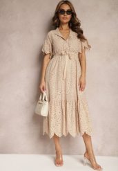 Beżowa Bawełniana Sukienka o Rozkloszowanym Kroju z Haftem z Guzikami i Gumką w Pasie Lovarae. Brązowe sukienki damskie Renee, bez wzorów, z bawełny, eleganckie, bez ramiączek. W wyprzedaży za 159.99 zł.