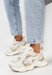 Beżowe Sneakersy na Grubej Podeszwie z Siateczką i Metalicznymi Wstawkami Terlimi. Brązowe obuwie sportowe damskie Born2be, bez zapięcia. Za 99.99 zł.