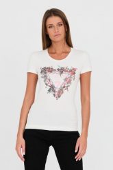 GUESS Biały t-shirt z logo. Białe t-shirty damskie Guess, s, z aplikacjami, z bawełny, bez kołnierzyka. W wyprzedaży za 184.99 zł.