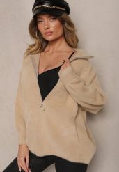 Beżowa Bluza z Wełną ze Ściągaczami i Kołnierzykiem Enadelis. Brązowe bluzy damskie Renee, bez wzorów, z wełny, bez kaptura. Za 139.99 zł.