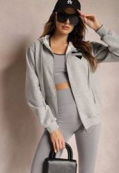 Szara Dzianinowa Bluza na Suwak z Kapturem Heliozze. Szare bluzy damskie Renee, l, bez wzorów, z bawełny, z kapturem. Za 99.99 zł.