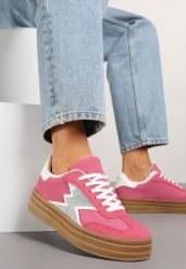 Fuksjowe Sneakersy w Stylu Tenisówek Ozdobione Geometrycznym Wzorem Tolivanna. Czerwone obuwie sportowe damskie Renee, z jeansu, bez zapięcia, tenisowe. Za 89.99 zł.