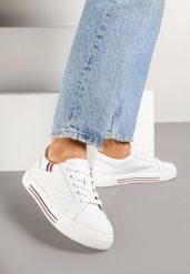 Białe Skórzane Sneakersy na Płaskiej Podeszwie ze Skórzaną Wkładką i Perforacją Galiwa. Białe obuwie sportowe damskie Renee, z jeansu, bez zapięcia. Za 159.99 zł.