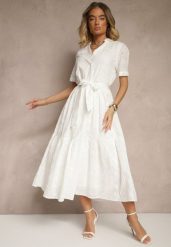 Biała Rozkloszowana Sukienka Koszulowa w Stylu Boho z Haftowanej Tkaniny Rosadwena. Białe sukienki damskie Renee, bez wzorów, z tkaniny, boho, bez ramiączek. W wyprzedaży za 151.99 zł.