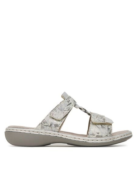 Rieker Klapki 659X6-80 Srebrny. Szare klapki damskie Rieker, bez wzorów, ze skóry, bez obcasa, bez zapięcia. Za 319.99 zł.