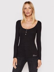 Guess Bluzka W2YP46 KBCO2 Czarny Slim Fit. Czarne bluzki damskie Guess, m, z aplikacjami, z wiskozy, bez kołnierzyka, bez ramiączek. Za 169.99 zł.