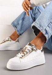 Biało-Złote Sneakersy z Metaliczną Zawieszką na Sznurówkach Ozdobioną Cyrkoniami Edosa. Białe obuwie sportowe damskie Renee, bez zapięcia, trekkingowe. Za 79.99 zł.