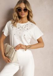 Biały T-shirt z Bawełny Ozdobiony Cyrkoniami Askadia. Białe t-shirty damskie Renee, m, bez wzorów, z bawełny, bez kołnierzyka. Za 99.99 zł.