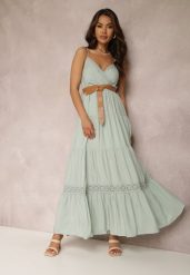 Miętowa Sukienka z Paskiem Asoonice. Zielone sukienki damskie Renee, z aplikacjami, z koronki, boho, bez ramiączek. W wyprzedaży za 111.99 zł.