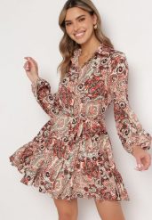 Beżowo-Pomarańczowa Sukienka Mini Rozkloszowana we Wzór Paisley z Materiałowym Paskiem Lirit. Brązowe sukienki damskie Born2be, bez wzorów, z materiału, bez ramiączek. W wyprzedaży za 135.99 zł.