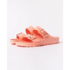 Klapki damskie Birkenstock Arizona Eva. Brązowe klapki damskie Birkenstock, bez wzorów, z materiału, bez obcasa, bez zapięcia. Za 376.00 zł.