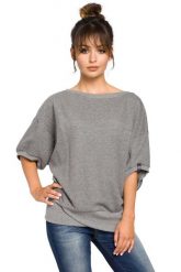Oversizowa Szara Bluza ze Ściągaczem na Zakładkę. Szare bluzy damskie MOE, l, bez wzorów, z bawełny, bez kaptura. Za 193.90 zł.