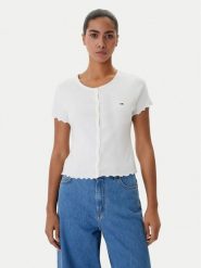 Tommy Jeans Bluzka DW0DW20377 Biały Slim Fit. Białe bluzki damskie Tommy Jeans, xxs, bez wzorów, z bawełny, bez kołnierzyka, bez ramiączek. Za 169.99 zł.