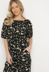 Czarna Bluzka ze Sztucznego Jedwabiu w Kwiaty Lisanithea. Czarne bluzki damskie Born2be, l, bez wzorów, z jeansu, eleganckie, bez kołnierzyka, bez ramiączek. Za 34.99 zł.