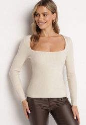 Jasnobeżowa Klasyczna Bluzka z Wiskozą i Kwadratowym Dekoltem Viastina. Brązowe bluzki damskie Born2be, m, bez wzorów, z jeansu, eleganckie, bez kołnierzyka, bez ramiączek. Za 44.99 zł.