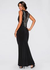 Sukienka maxi ze sztrasami w dekolcie z tyłu. Czarne sukienki damskie bonprix, bez wzorów, z dżerseju, eleganckie, bez ramiączek. Za 289.99 zł.