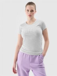 4F T-shirt slim z nadrukiem damski - szary L. Szare t-shirty damskie 4F, l, bez wzorów, z bawełny, bez kołnierzyka. W wyprzedaży za 39.99 zł.