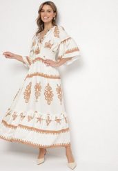 Beżowa Sukienka Boho z Wiskozą w Etniczny Wzór z Szeroką Gumką w Pasie Efanielis. Brązowe sukienki damskie Born2be, z aplikacjami, z wiskozy, boho, bez ramiączek. Za 199.99 zł.