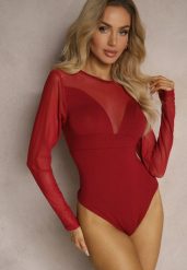Bordowe Wiskozowe Body z Transparentnymi Wstawkami i Zapięciem na Haftki Maivia. Czerwone body i gorsety Renee, bez wzorów, z jeansu. Za 49.99 zł.