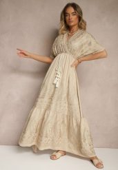 Beżowa Wiskozowa Sukienka Boho o Kopertowym Kroju z Metalicznym Haftem Redeselle. Brązowe sukienki damskie Renee, z aplikacjami, z wiskozy, boho, bez ramiączek. W wyprzedaży za 68.99 zł.