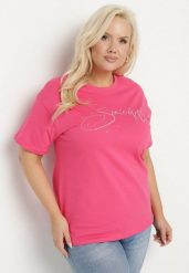 Różowy Bawełniany T-shirt z Ozdobnym Napisem i Cyrkoniami Olisandra. Czerwone t-shirty damskie Born2be, plus size, z aplikacjami, z bawełny, bez kołnierzyka. Za 44.99 zł.