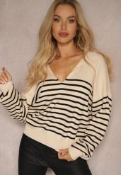 Beżowy Sweter w Paski Ozdobiony Kołnierzykiem i Wycięciem Irinalies. Brązowe swetry klasyczne damskie Renee, na zimę, bez kołnierzyka. Za 59.99 zł.