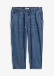 Jeansy barrel, mid waist, cropped. Niebieskie jeansy damskie bonprix. Za 117.99 zł.